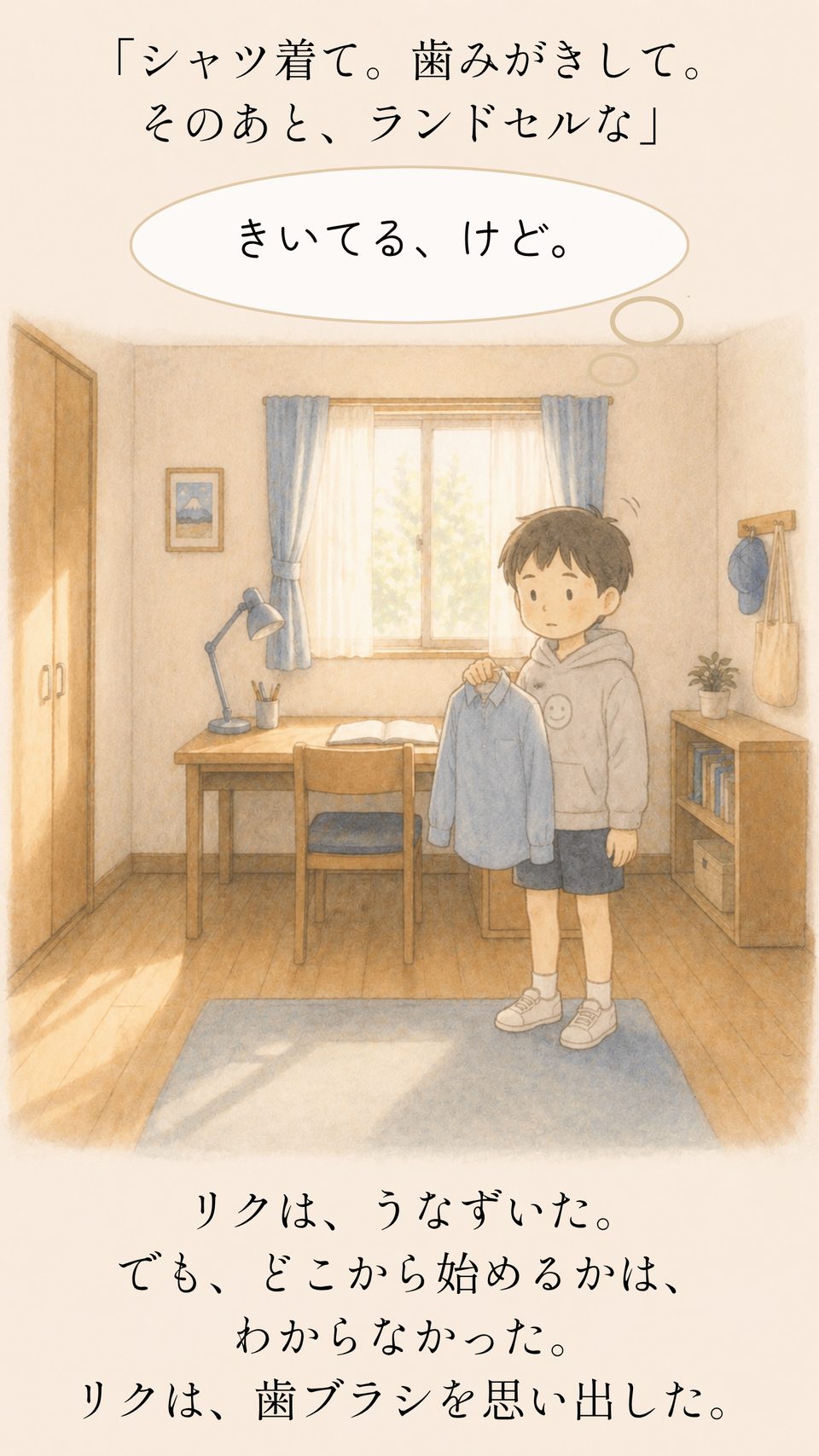 「シャツ着て。歯みがきして。ランドセルな」と声をかけられうなずくリク