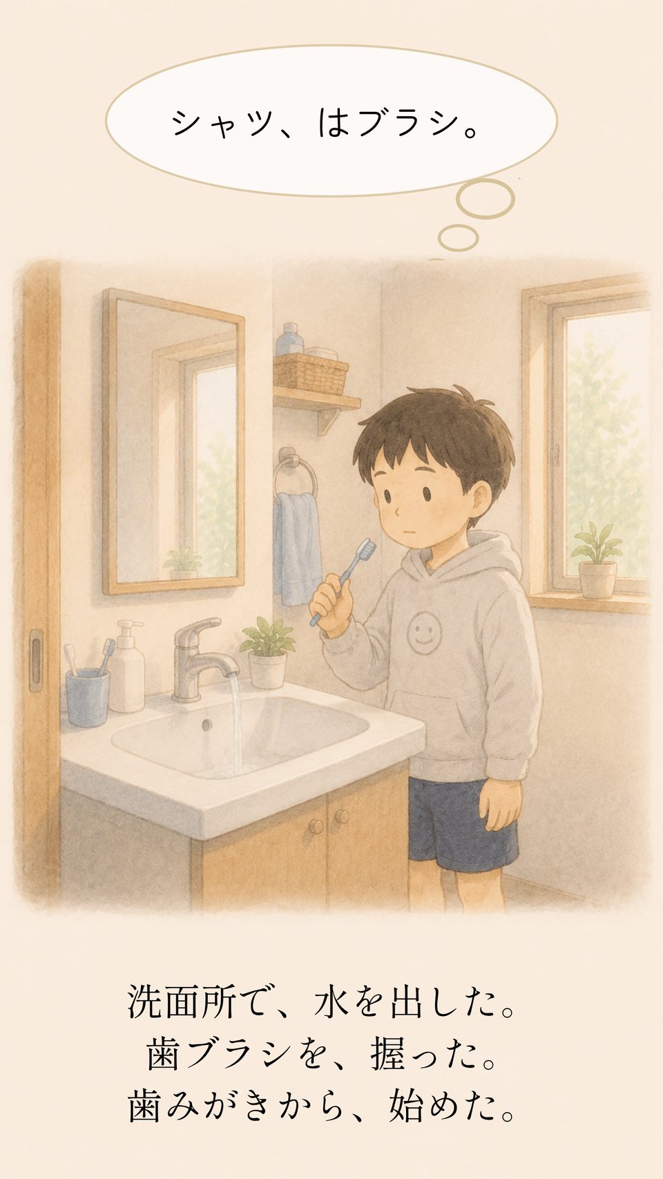 洗面所で歯ブラシを握ったリク