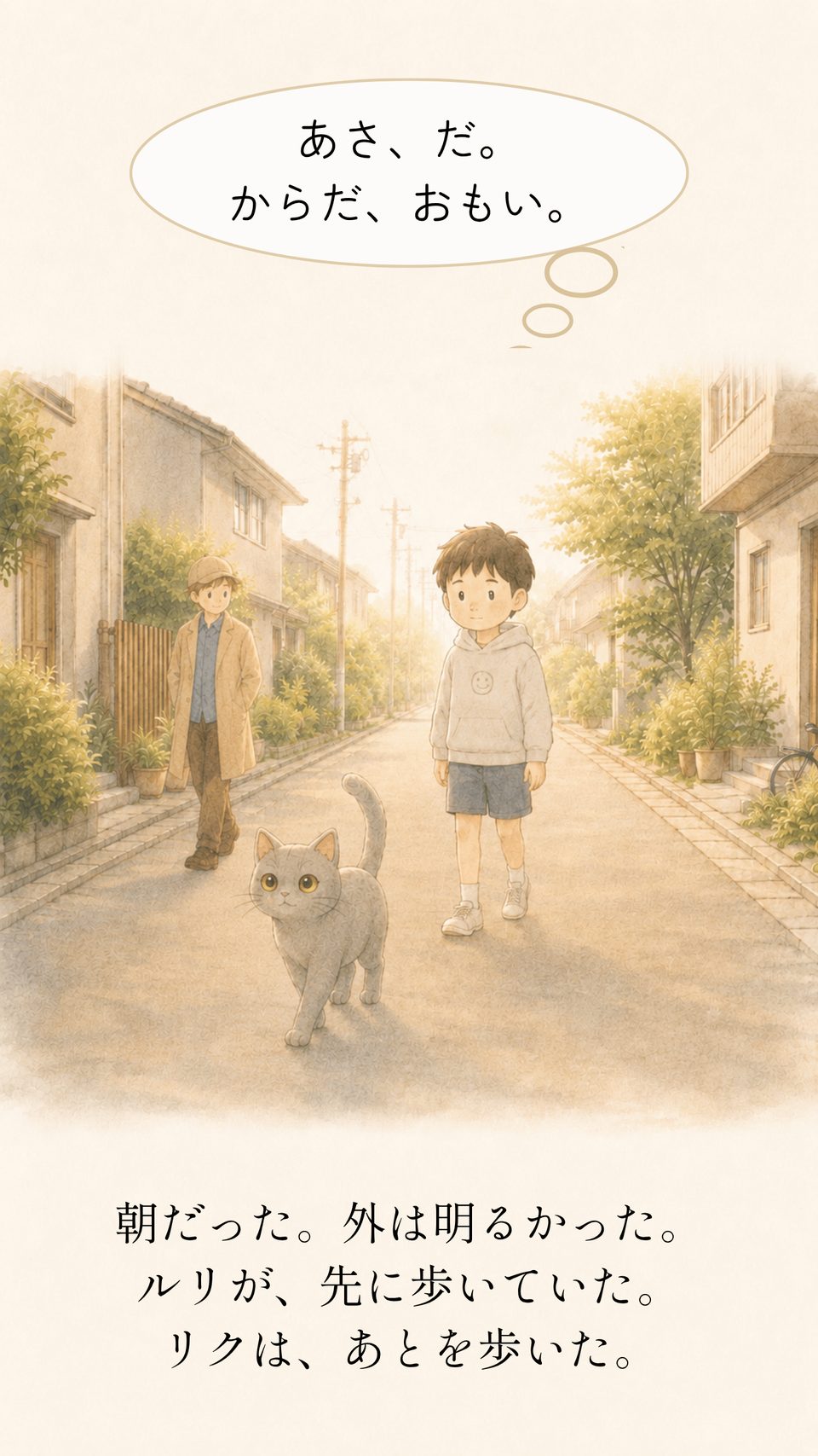 朝。外は明るかった。ルリが先に歩いていて、リクはあとを歩いた