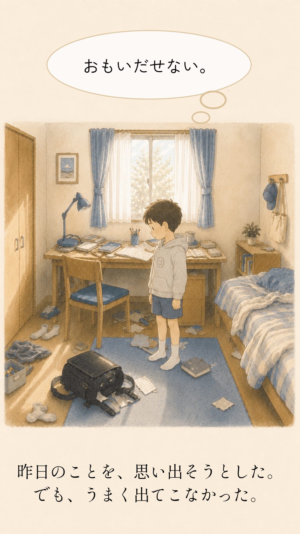 お父さんにもう時間だと言われ、うなずいても足が動かないリク