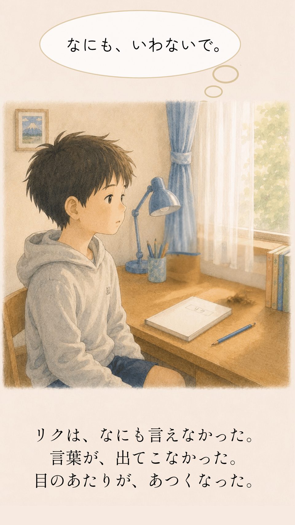 言葉を探すお父さんの前で何も言えないリク