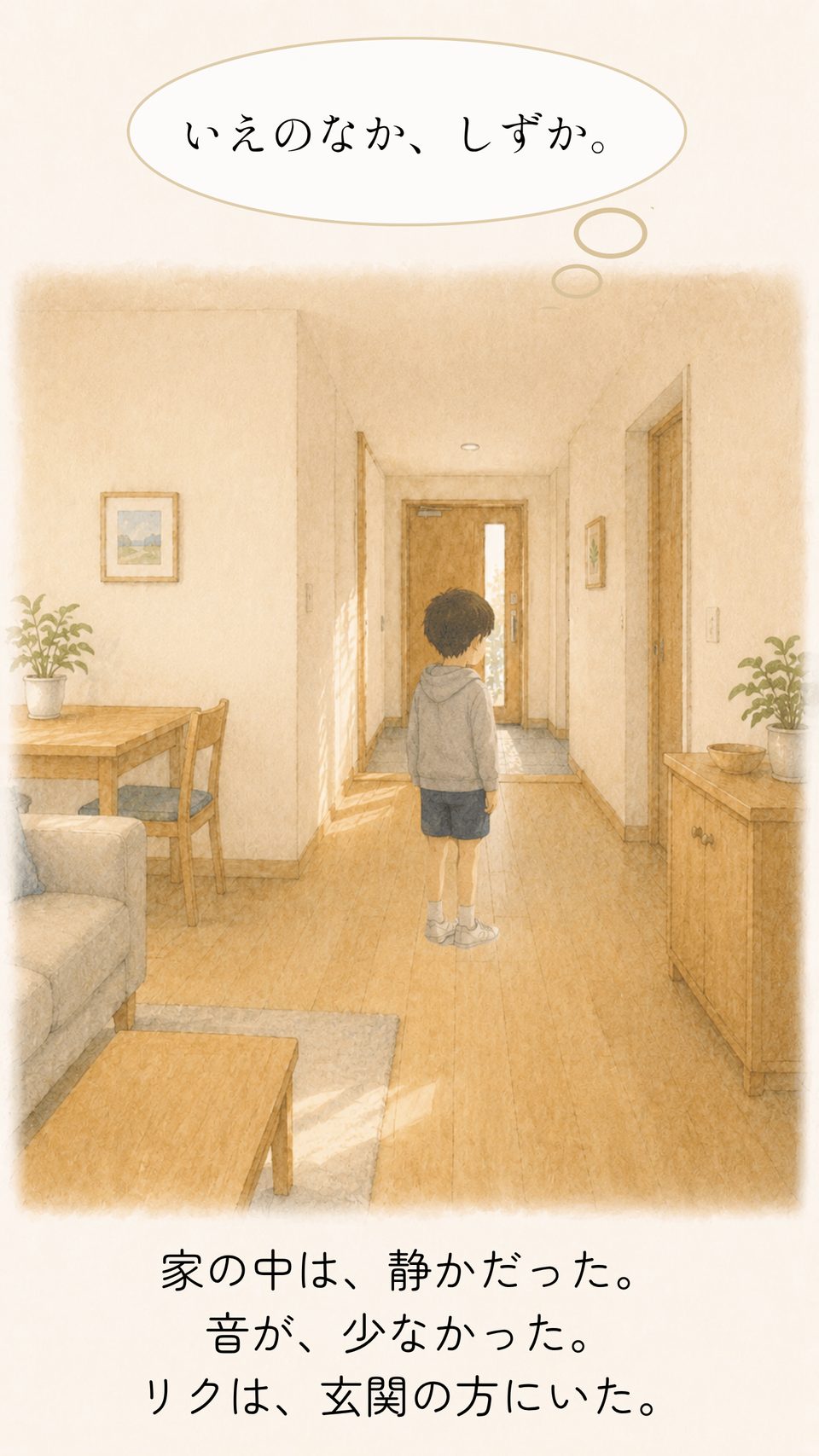 静かな家の玄関へ向かうリク