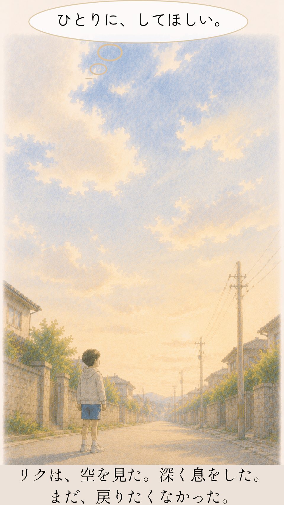 空を見て深く息をし、ひとりにしてほしいと感じるリク