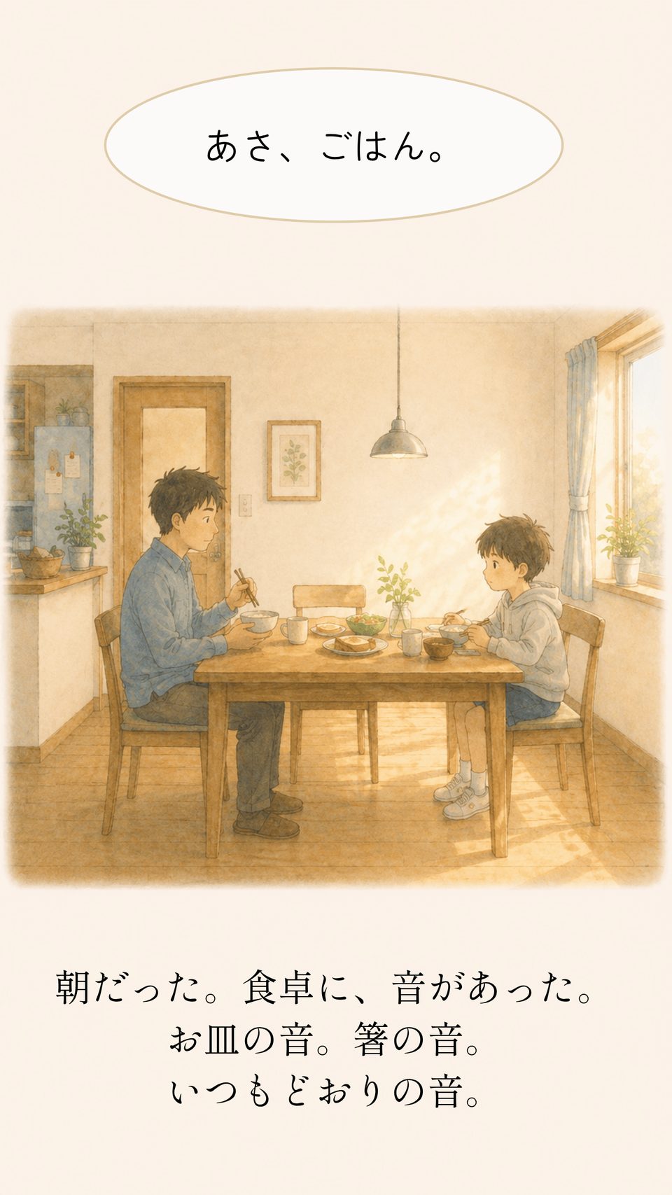 朝の食卓に座るリクとお父さん