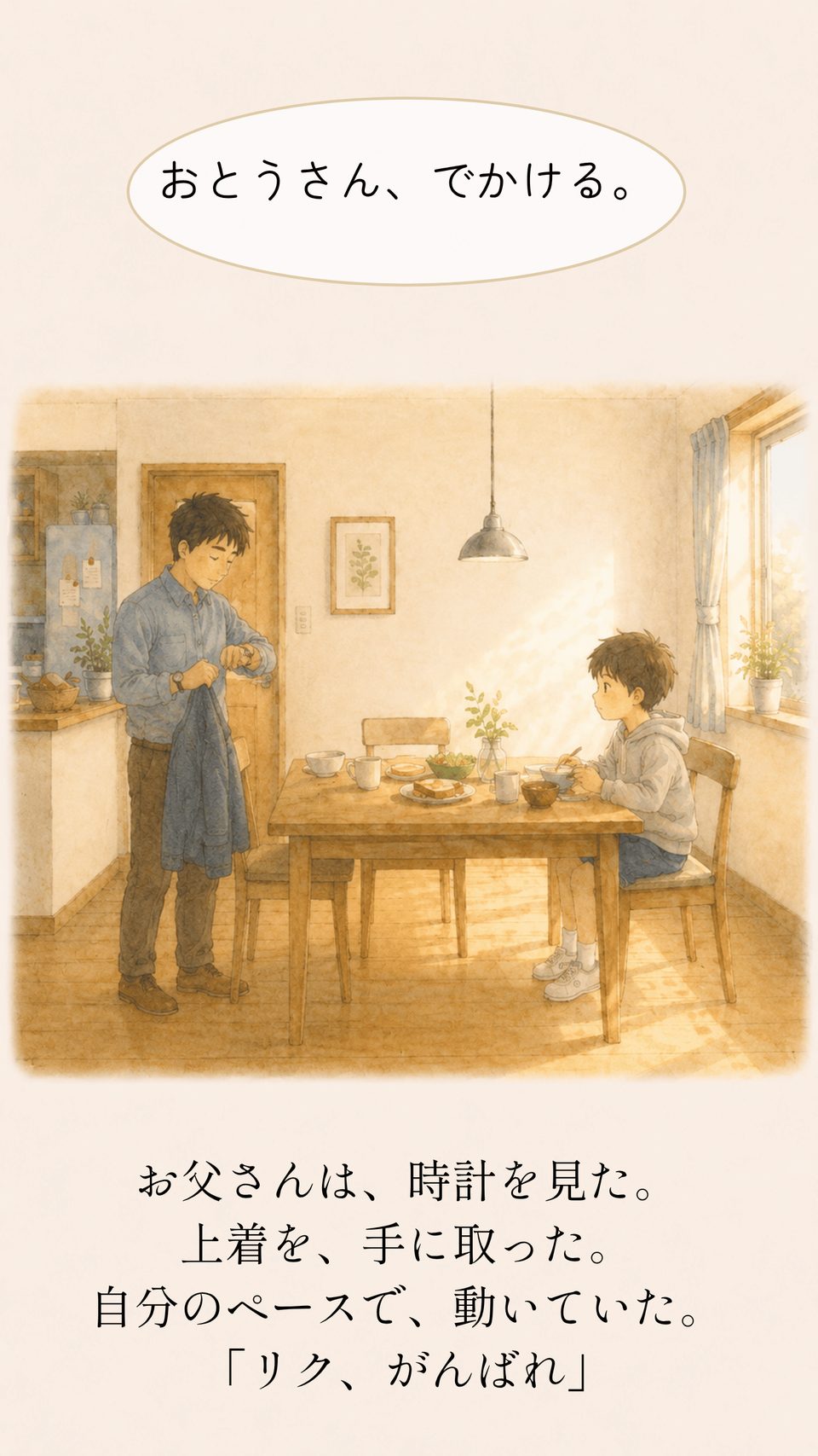 時計を見て上着を手に取るお父さん