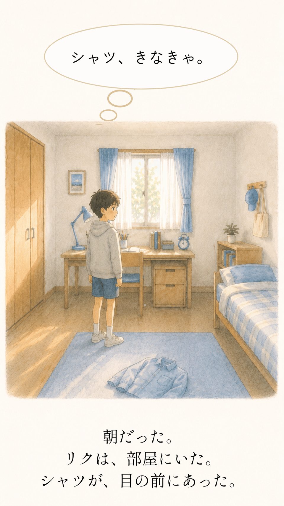 朝、自分の部屋でシャツを前に立つリク