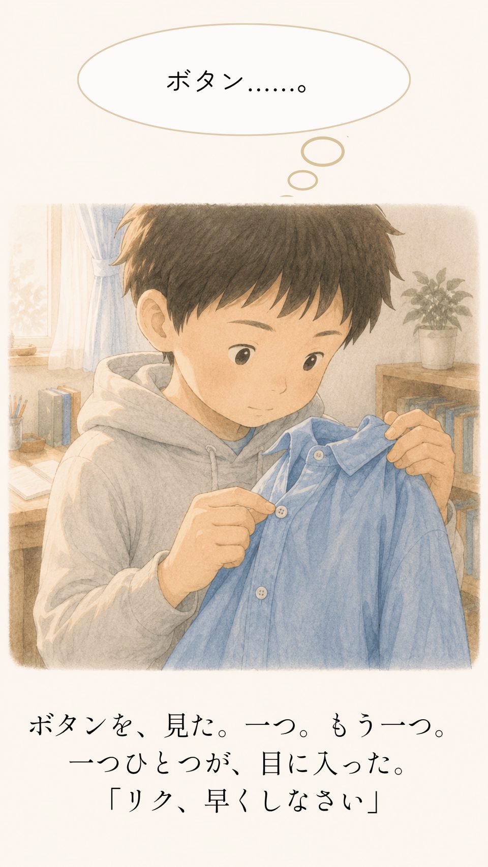シャツのボタンを見つめるリク