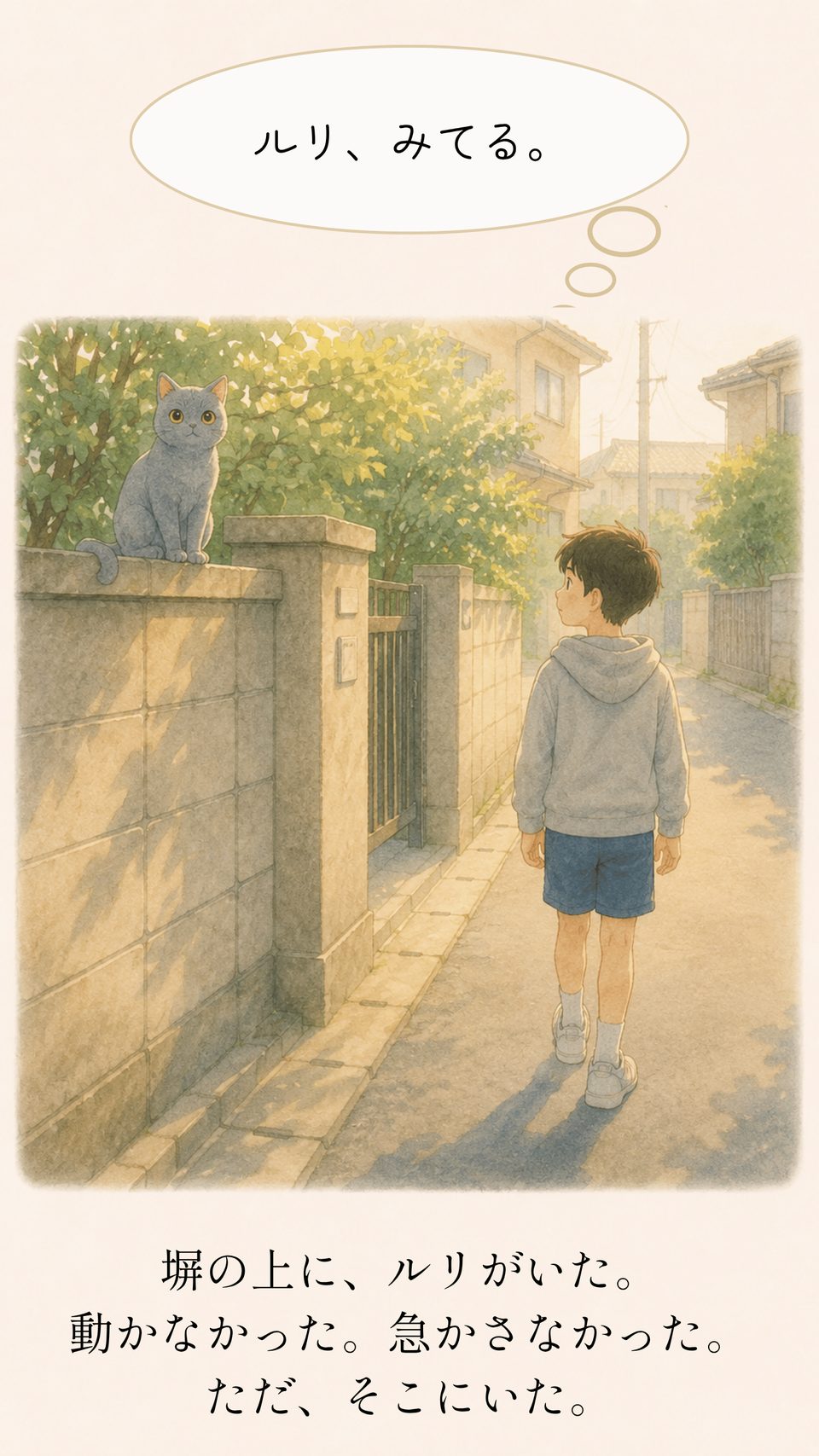 塀の上からリクを見守るルリ