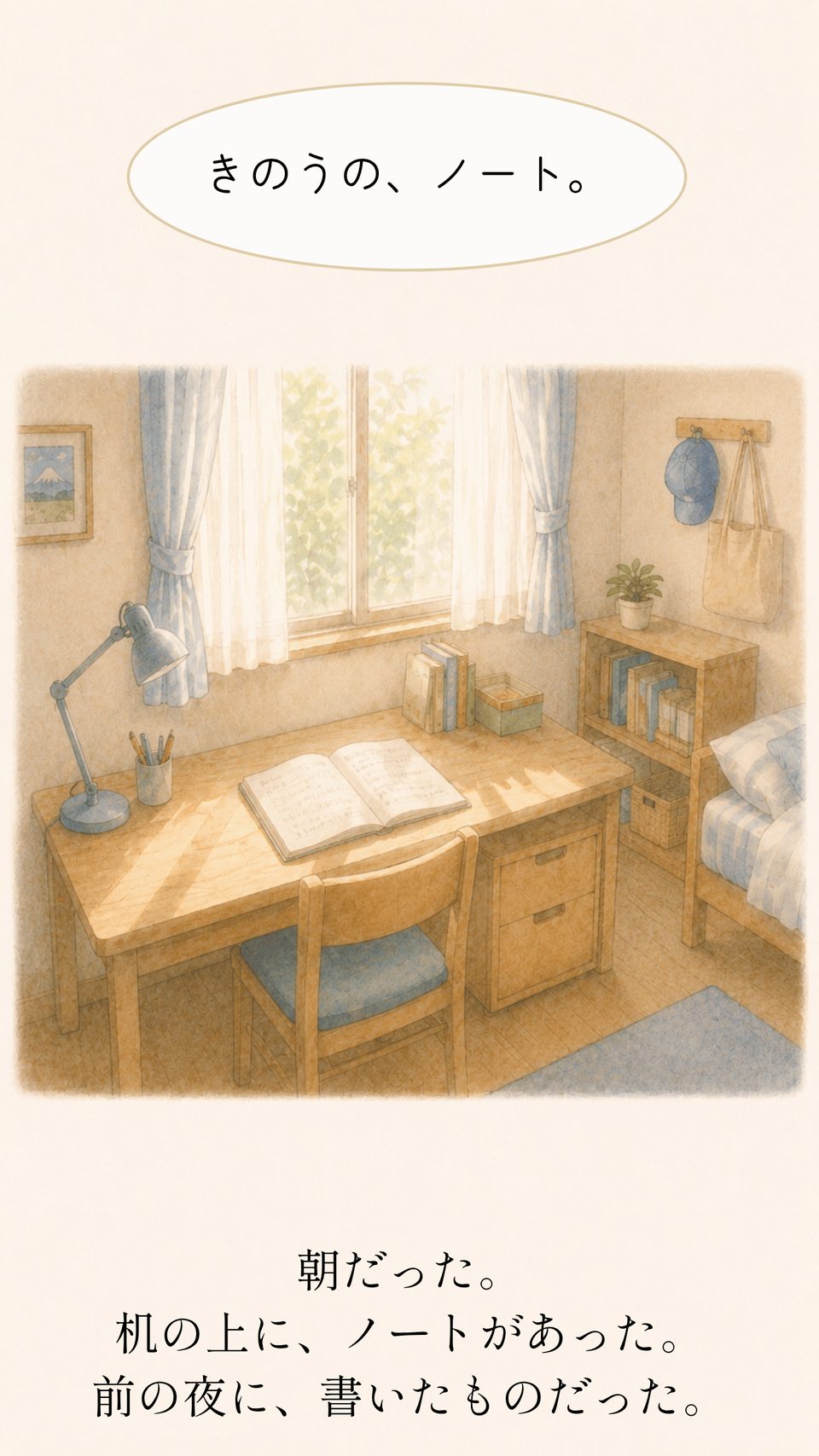 朝の光が差す部屋の机に開いたノートがある場面