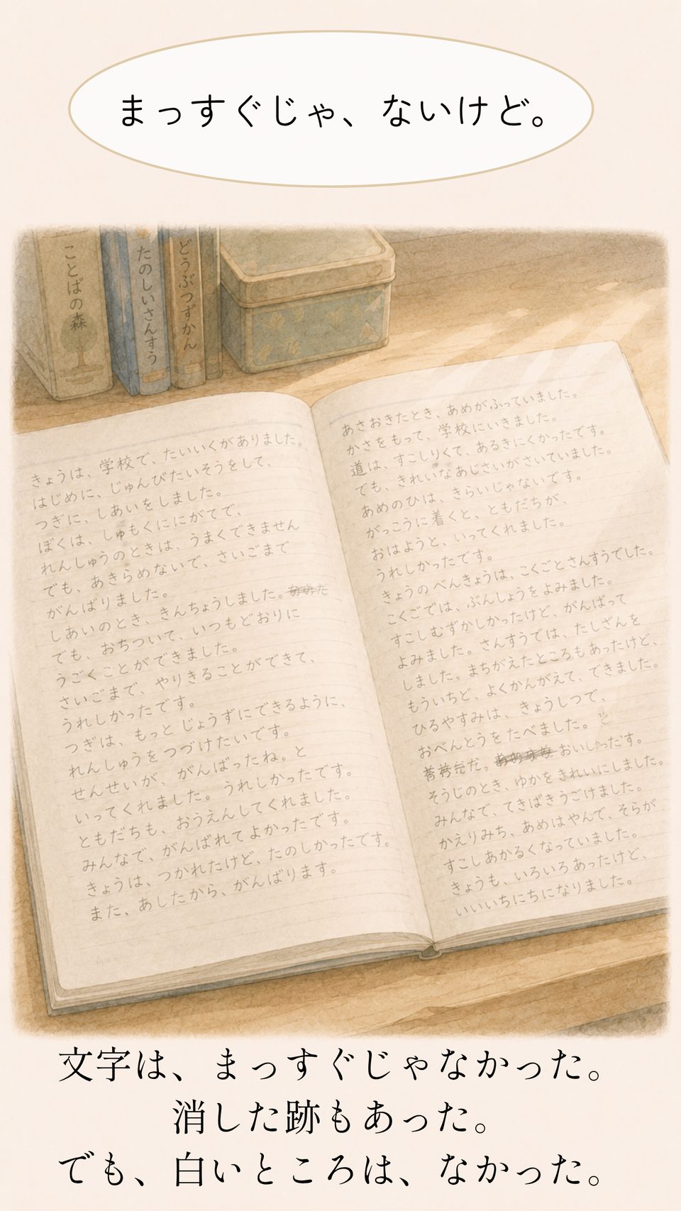 文字と消しゴムの跡で白いところがなくなったノート