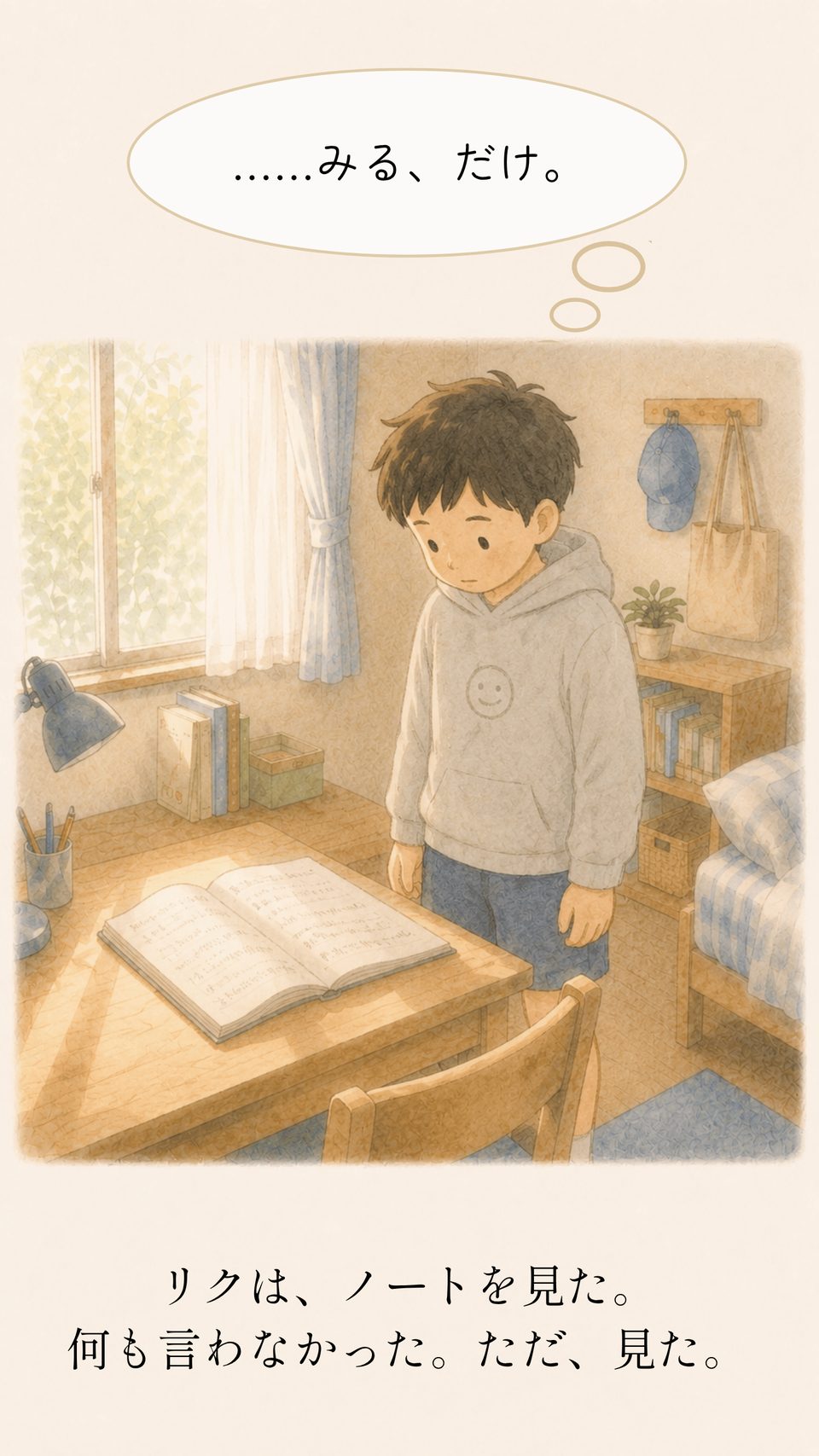 机の前でノートを静かに見るリク