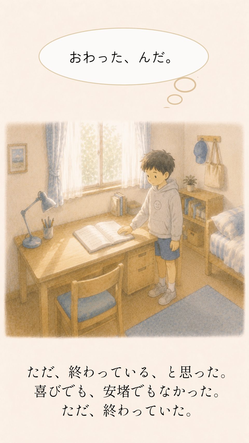 書き終えたノートを前に立つリク