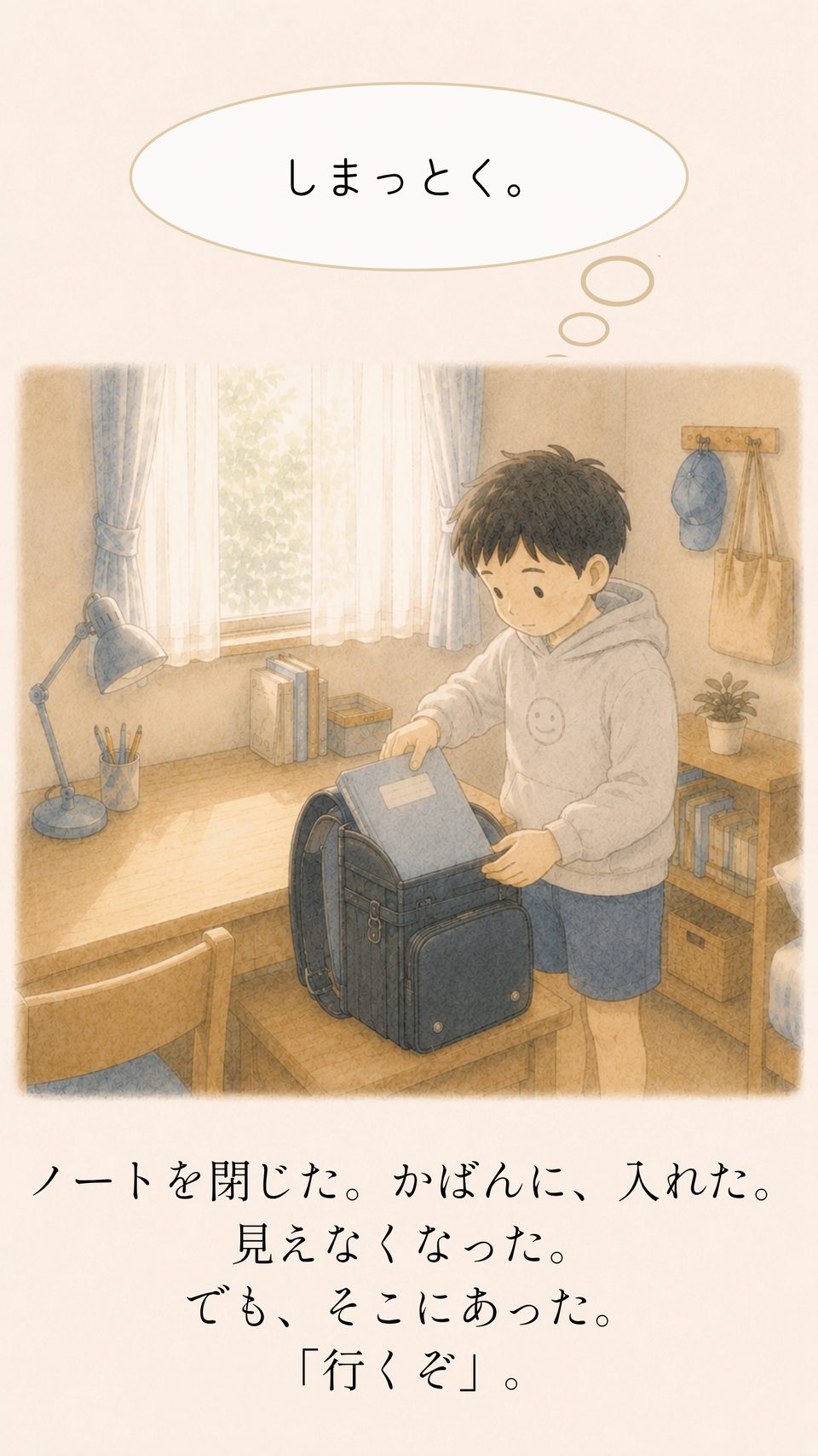 ノートを閉じてかばんへ入れるリク