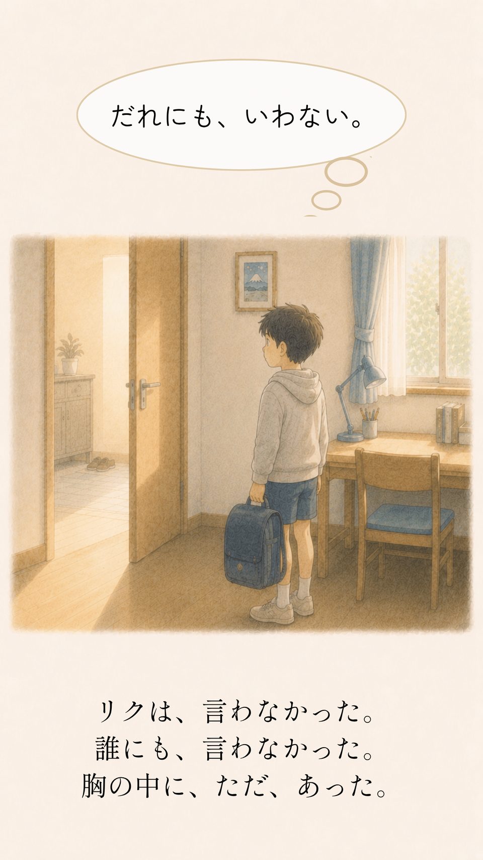 かばんを持って部屋を出ようとするリク