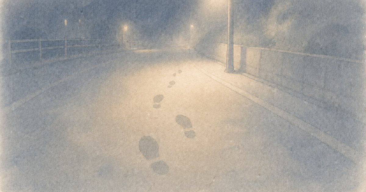 夜道に並ぶ二つの足跡の影